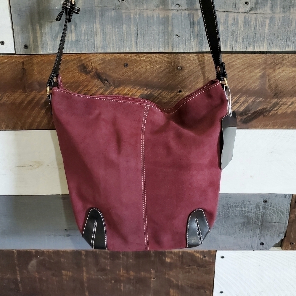 Large Maroon Burgundy Black Faux Leather Suede Tote Shoulder Purse Bag - Picture 5 of 13